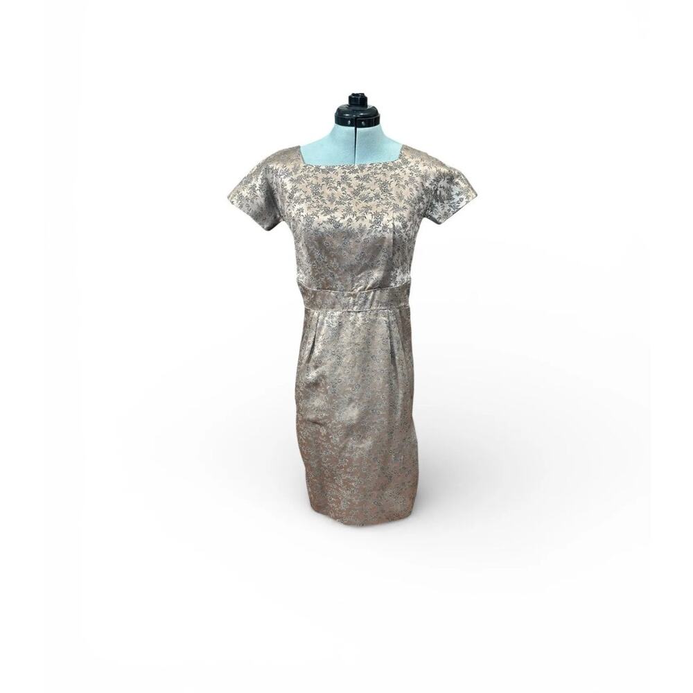 1960s Bronze Metallic Brocade Wiggle Dress Short Sleeve Cocktail S